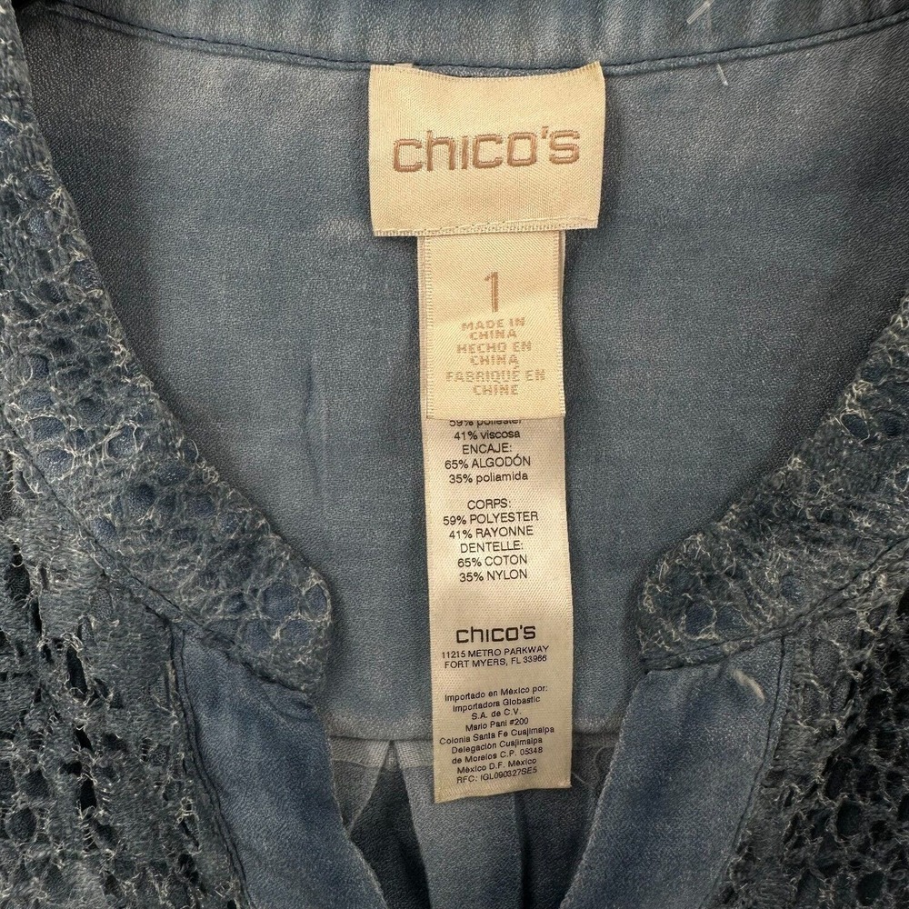 Chicos Blouse Womens 1 (MEDIUM) Chambray Lace Button Up Top Blue - Picture 10 of 14
